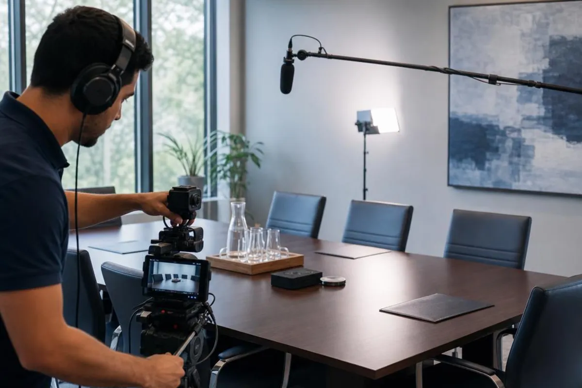 A legal media professional prepares video equipment for a proceeding in Rocklin, California.