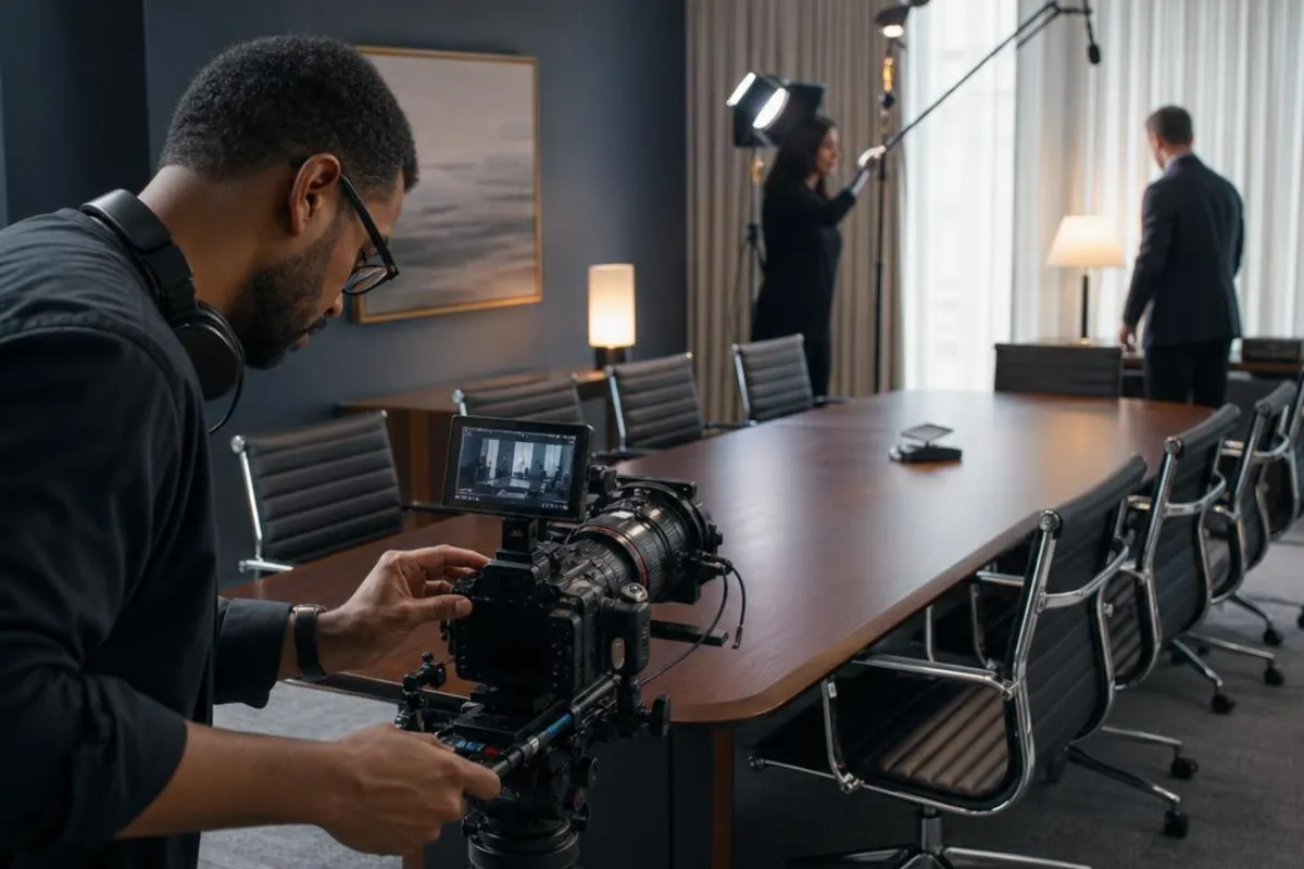 A legal media professional prepares video equipment for a proceeding in Lancaster, California.