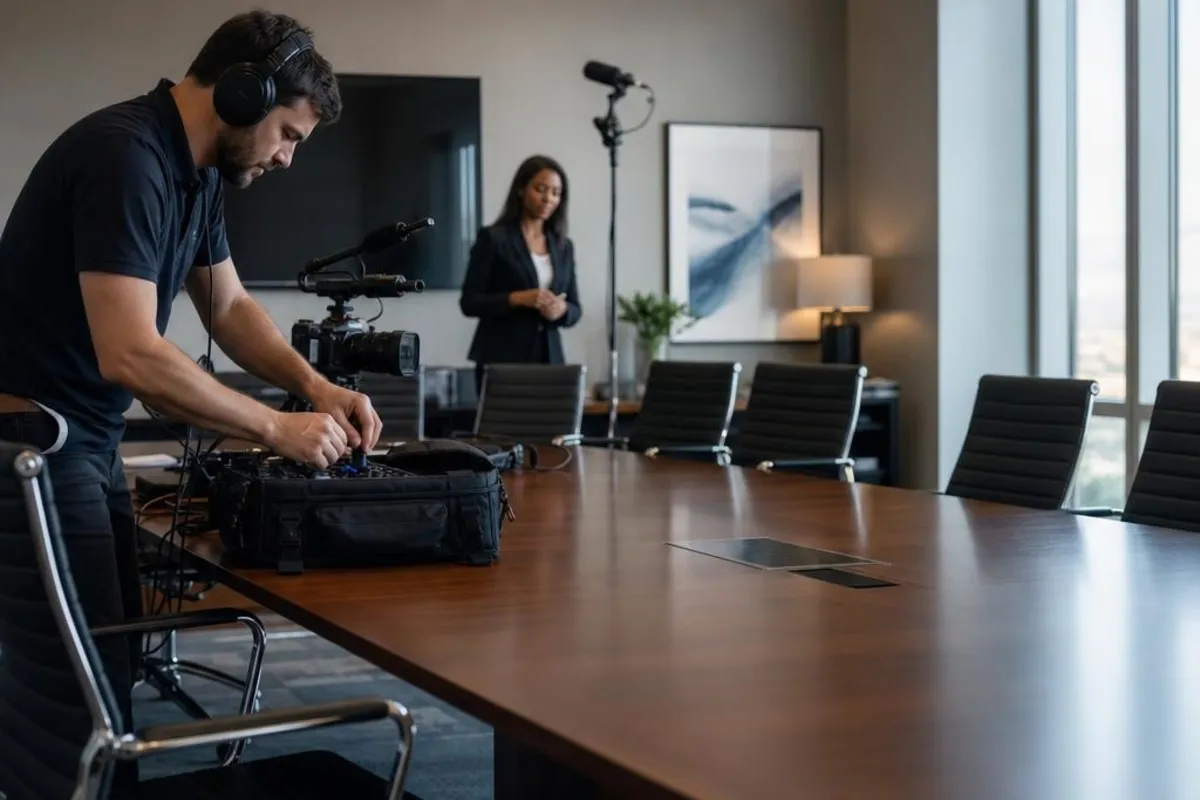 A legal media professional prepares video equipment for a proceeding in Mission, Texas.