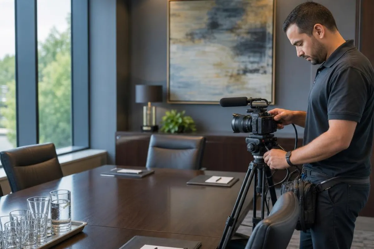 A legal media professional prepares video equipment for a proceeding in Modesto, California.