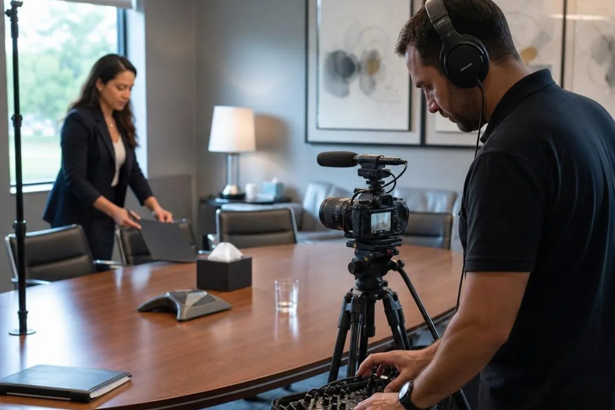 A legal media professional prepares video equipment for a proceeding in Waco, Texas.