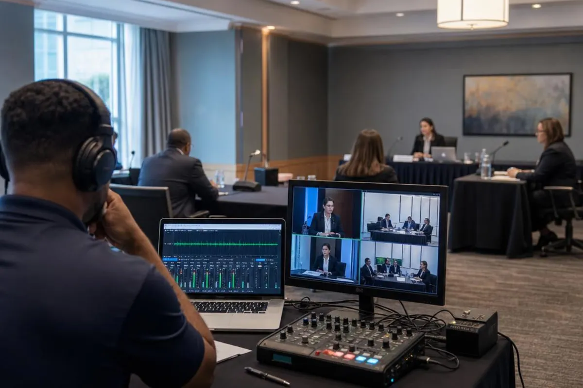 A legal media professional prepares video equipment for a proceeding in Georgetown, Texas.
