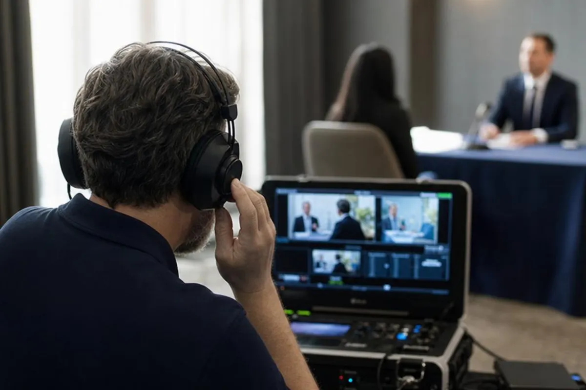 A legal media professional prepares video equipment for a proceeding in Fargo, North Dakota.