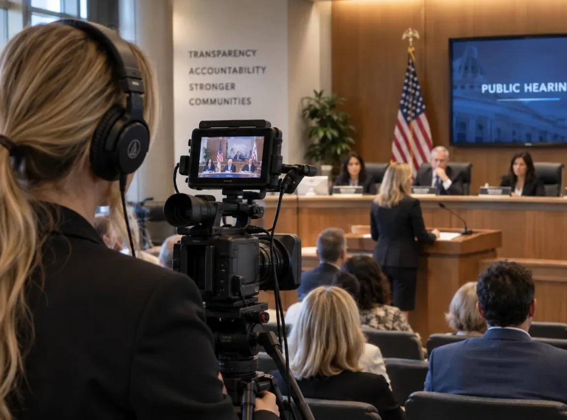 Legal videographer recording a public hearing with a professional camera