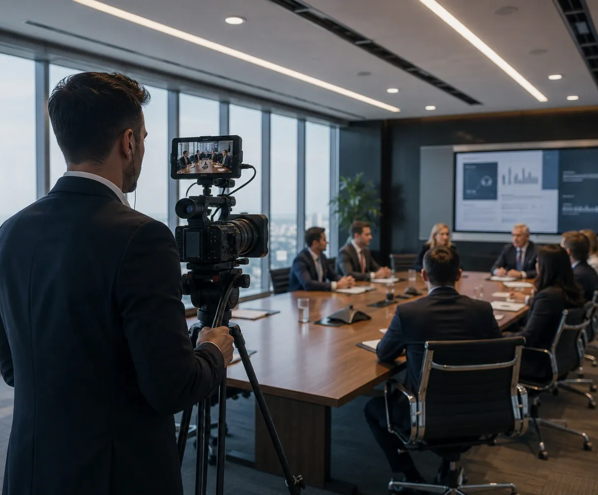 Legal videographer recording a formal boardroom meeting with a professional camera