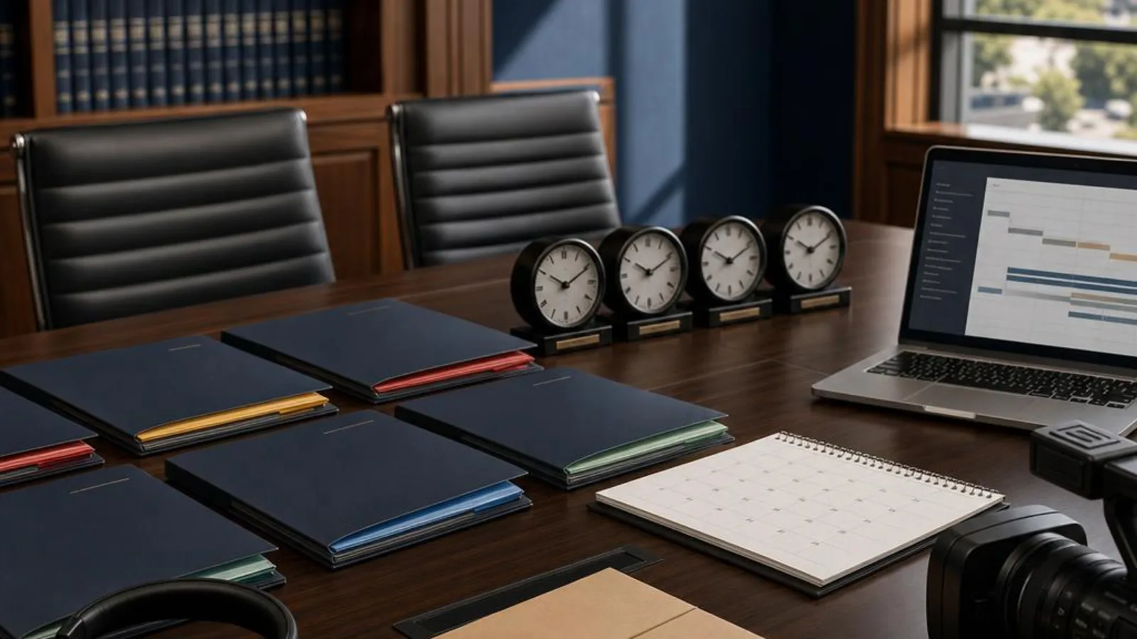 A multi-city deposition planning table organizes case files, time-zone clocks, a schedule, and video equipment.