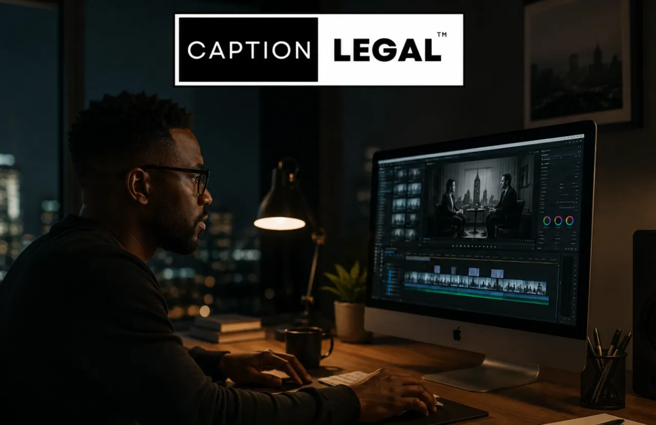 Caption Legal video editor working at a desktop editing suite at night