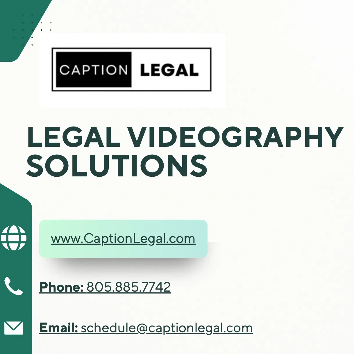 Caption Legal Legal Videography Solutions branded contact graphic