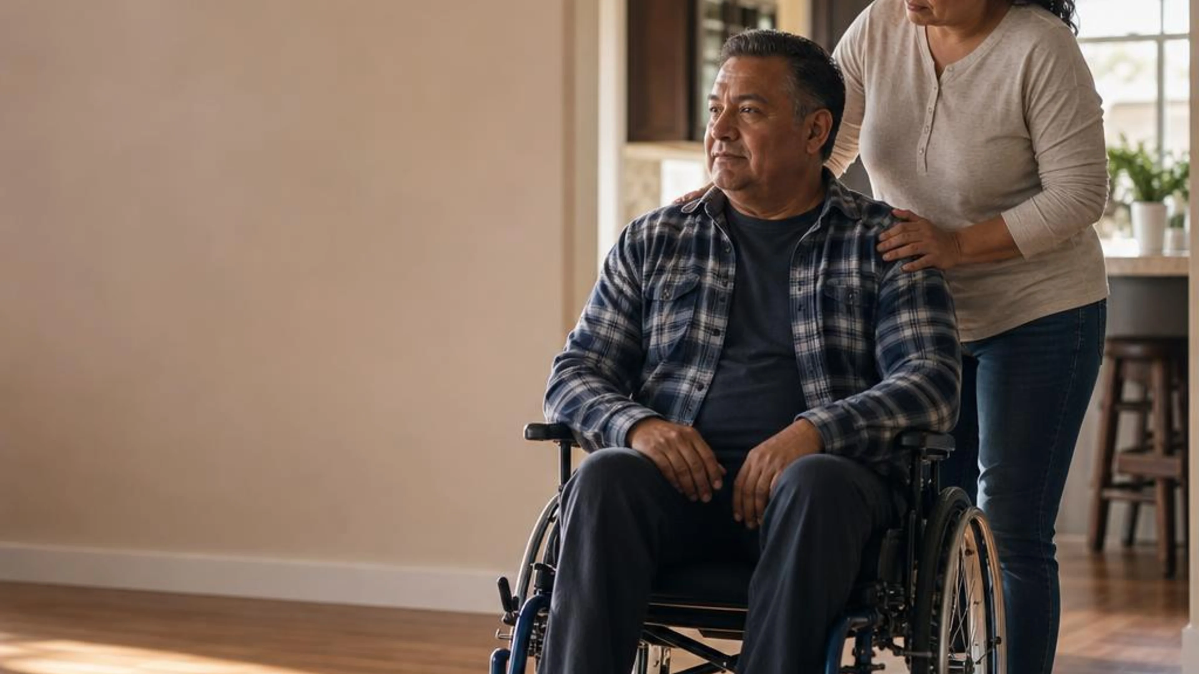 A wheelchair user and companion in an accessible Fresno home