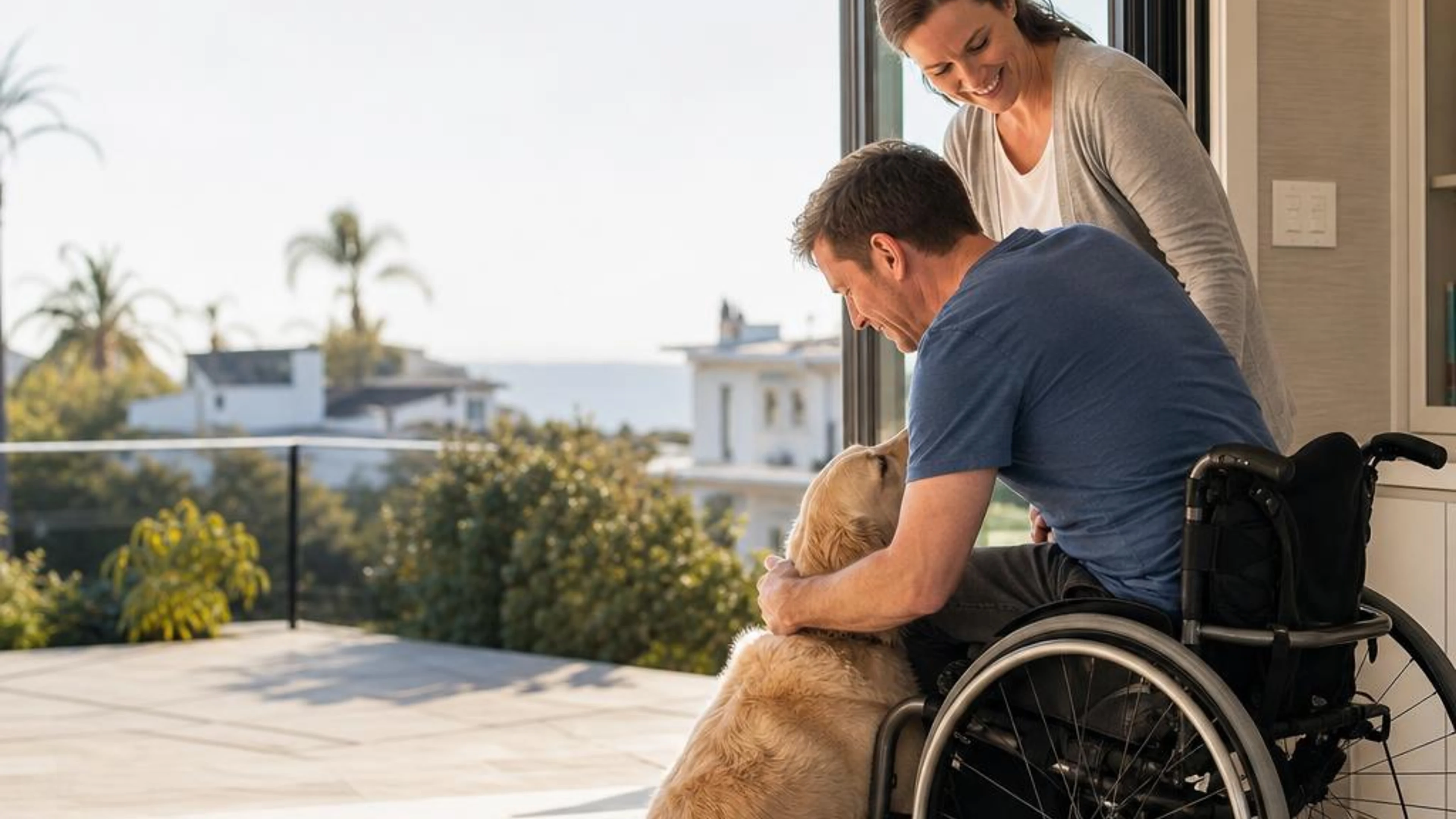 A wheelchair user caring for a dog at an Orange County home