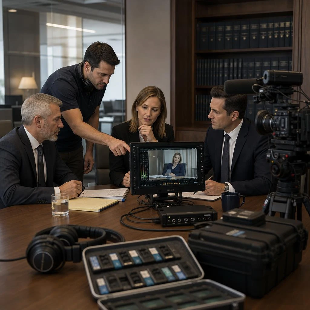 A legal videographer and litigation team reviewing deposition recording equipment and the next media handoff