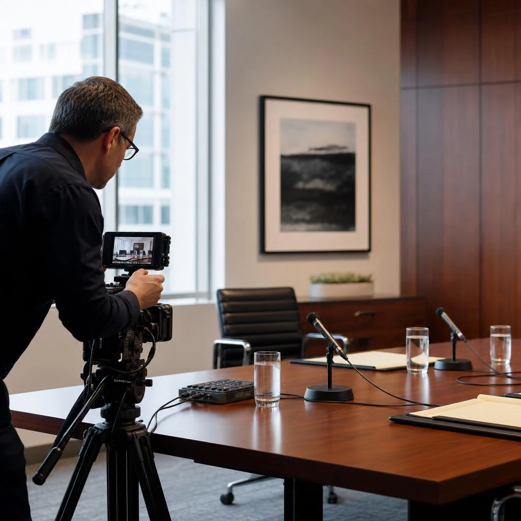 A legal videographer preparing camera and audio equipment in an empty deposition room