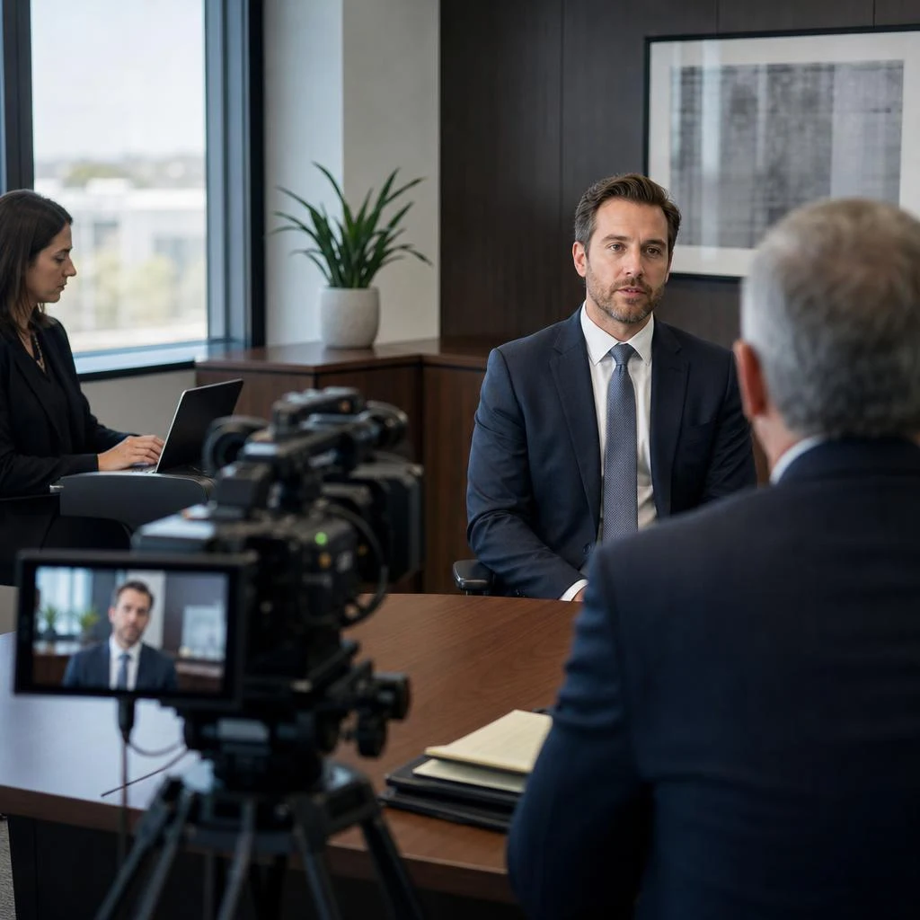 A witness giving testimony while an attorney and legal videographer maintain the in-person deposition record