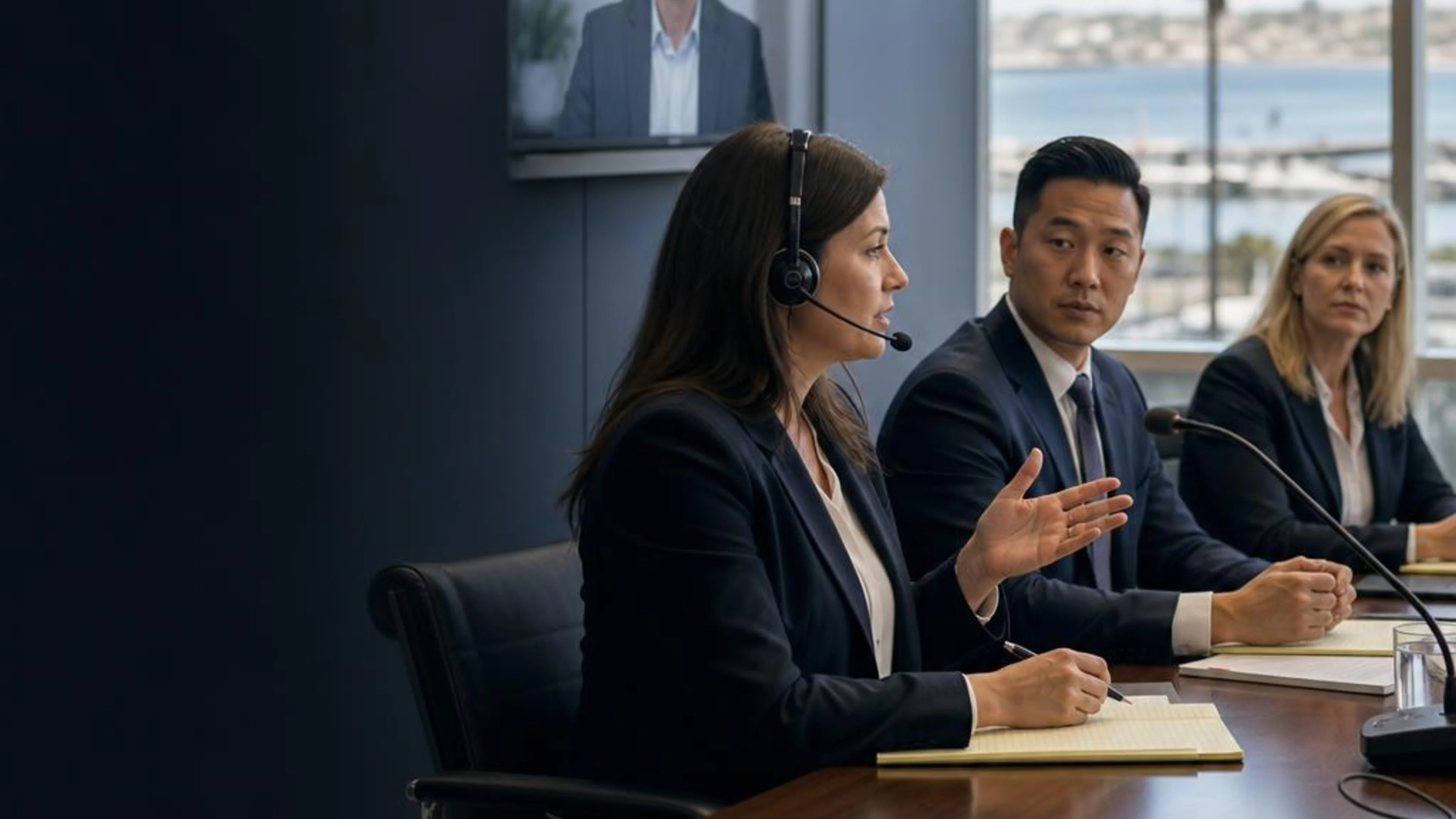 A professional interpreter supporting a hybrid legal proceeding in San Diego