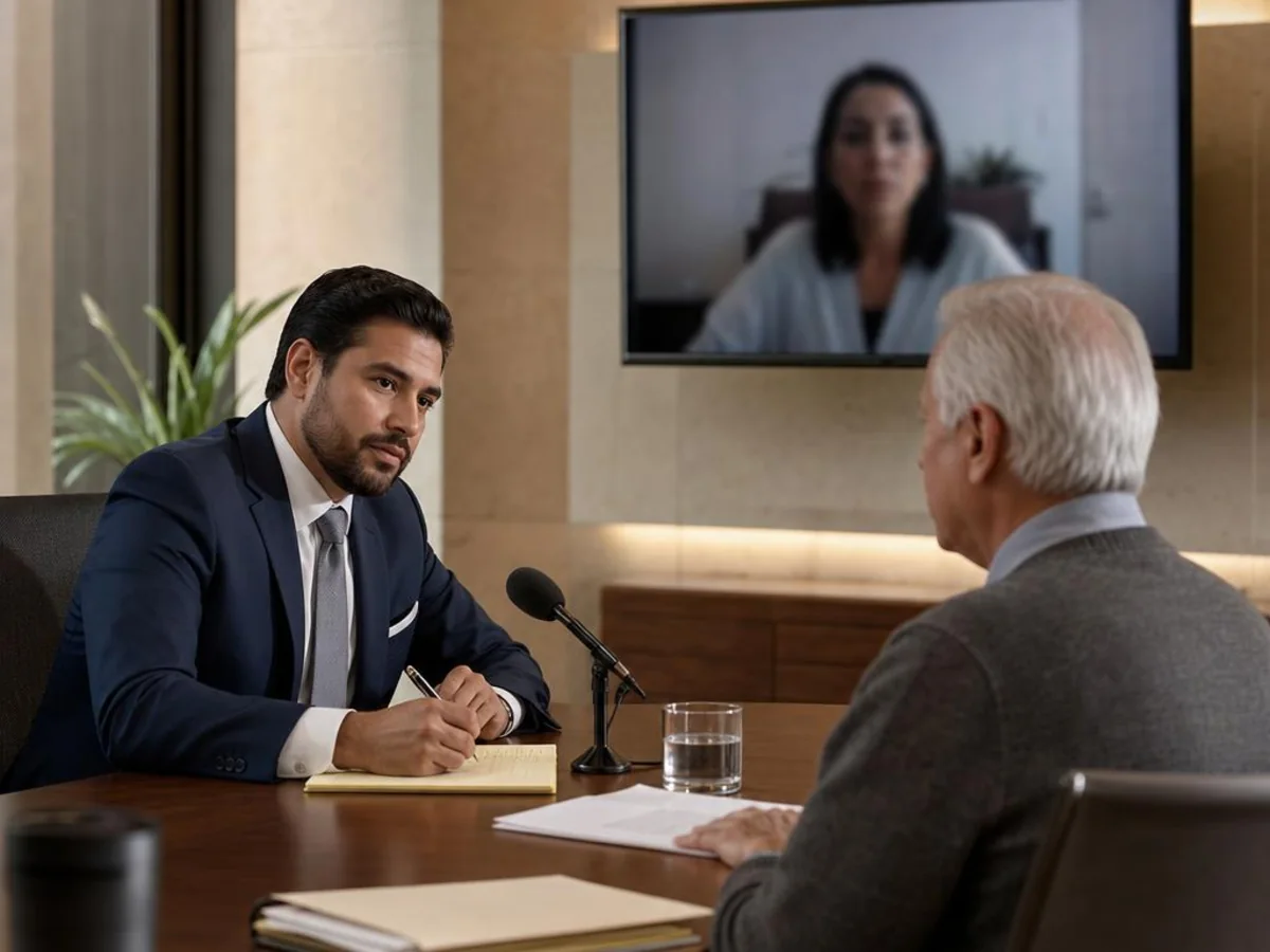Counsel and a witness participate across an in-person deposition room and a live video conference in Los Angeles, California.