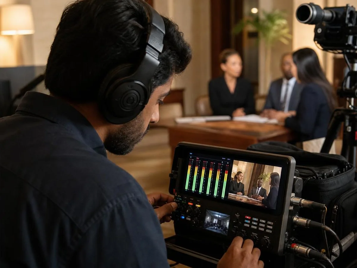 A technician monitors hybrid deposition participants, audio levels, and the legal video recording in Los Angeles, California.