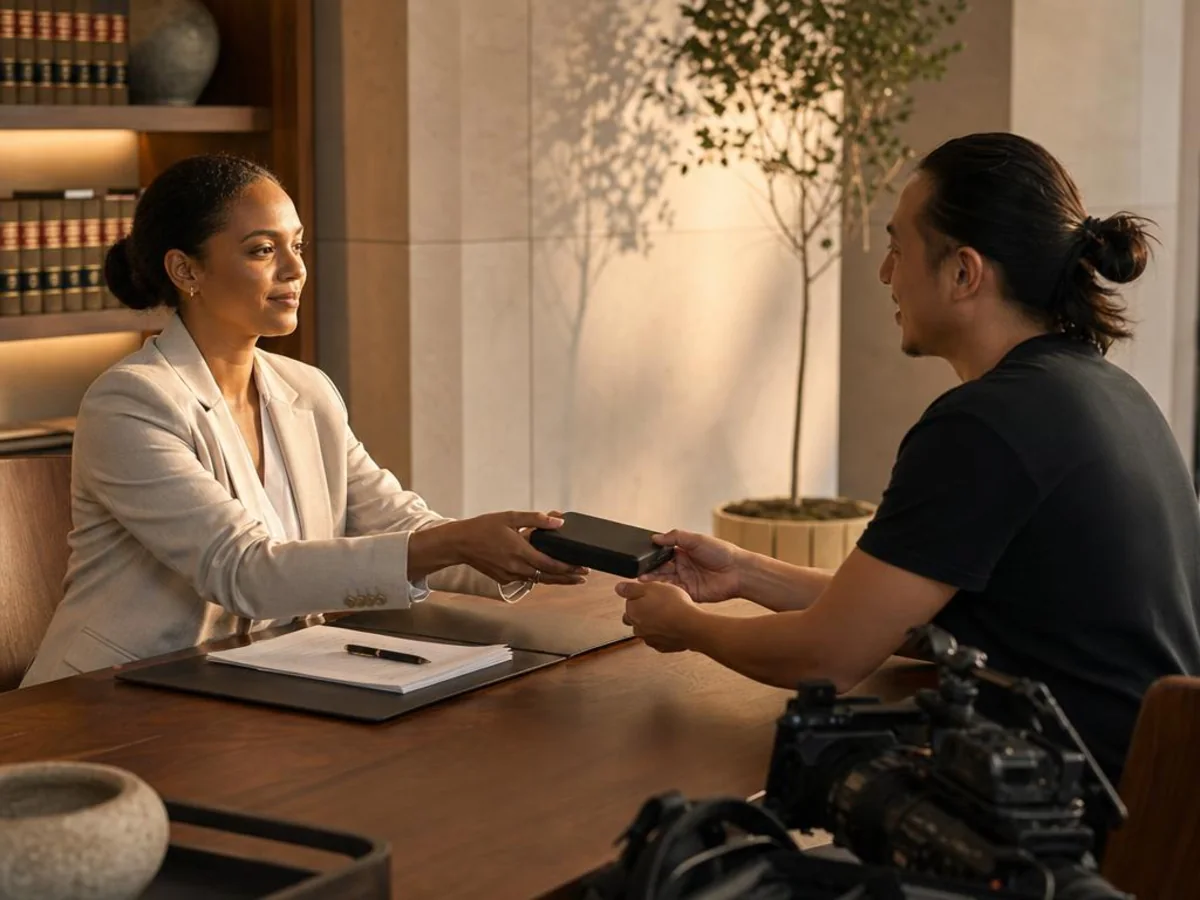 A legal media specialist reviews hybrid deposition recordings and transfer files after the proceeding in Los Angeles, California.