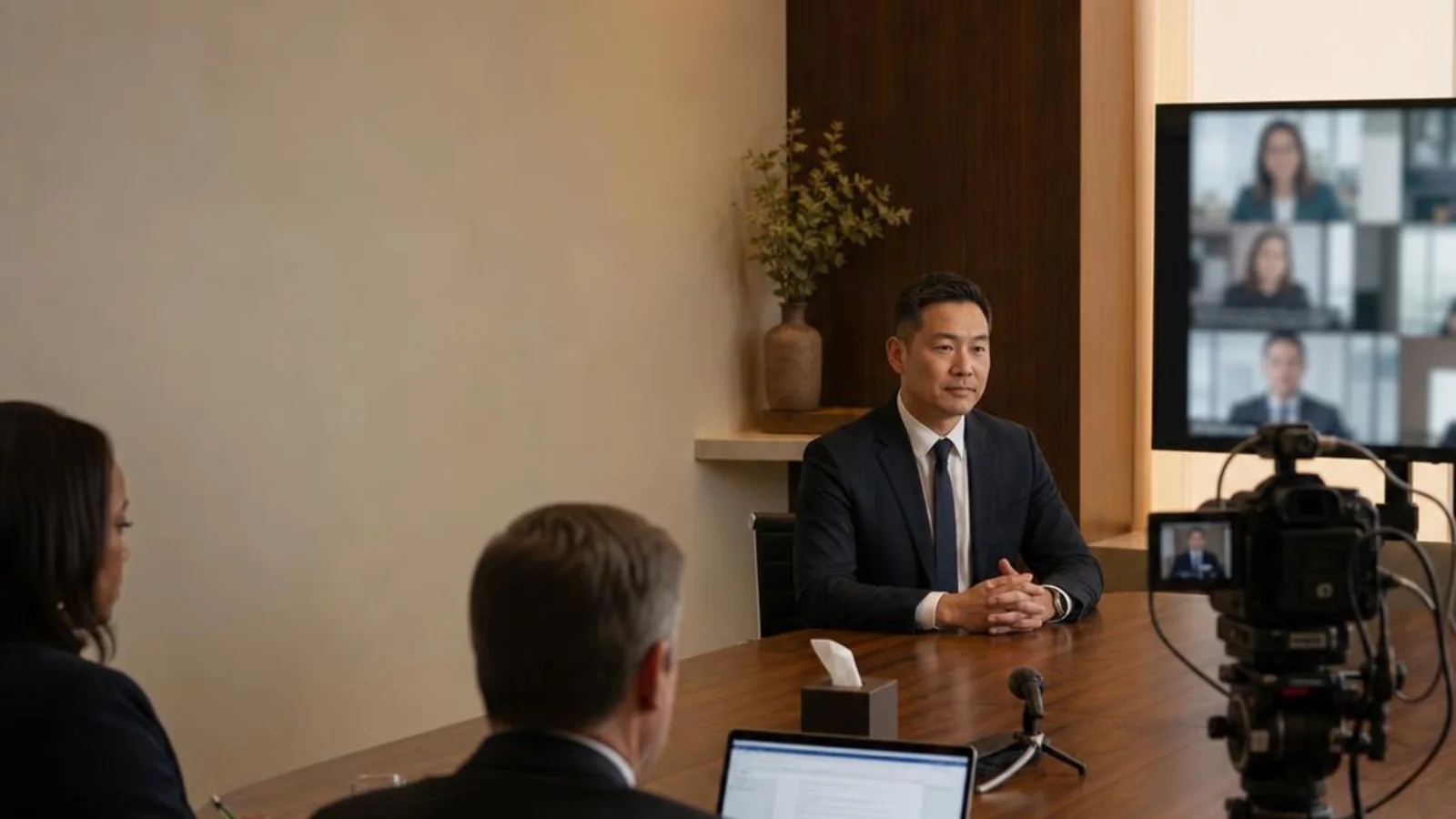 An in-room witness appears on camera while remote attorneys join a hybrid deposition by video in Los Angeles, California.