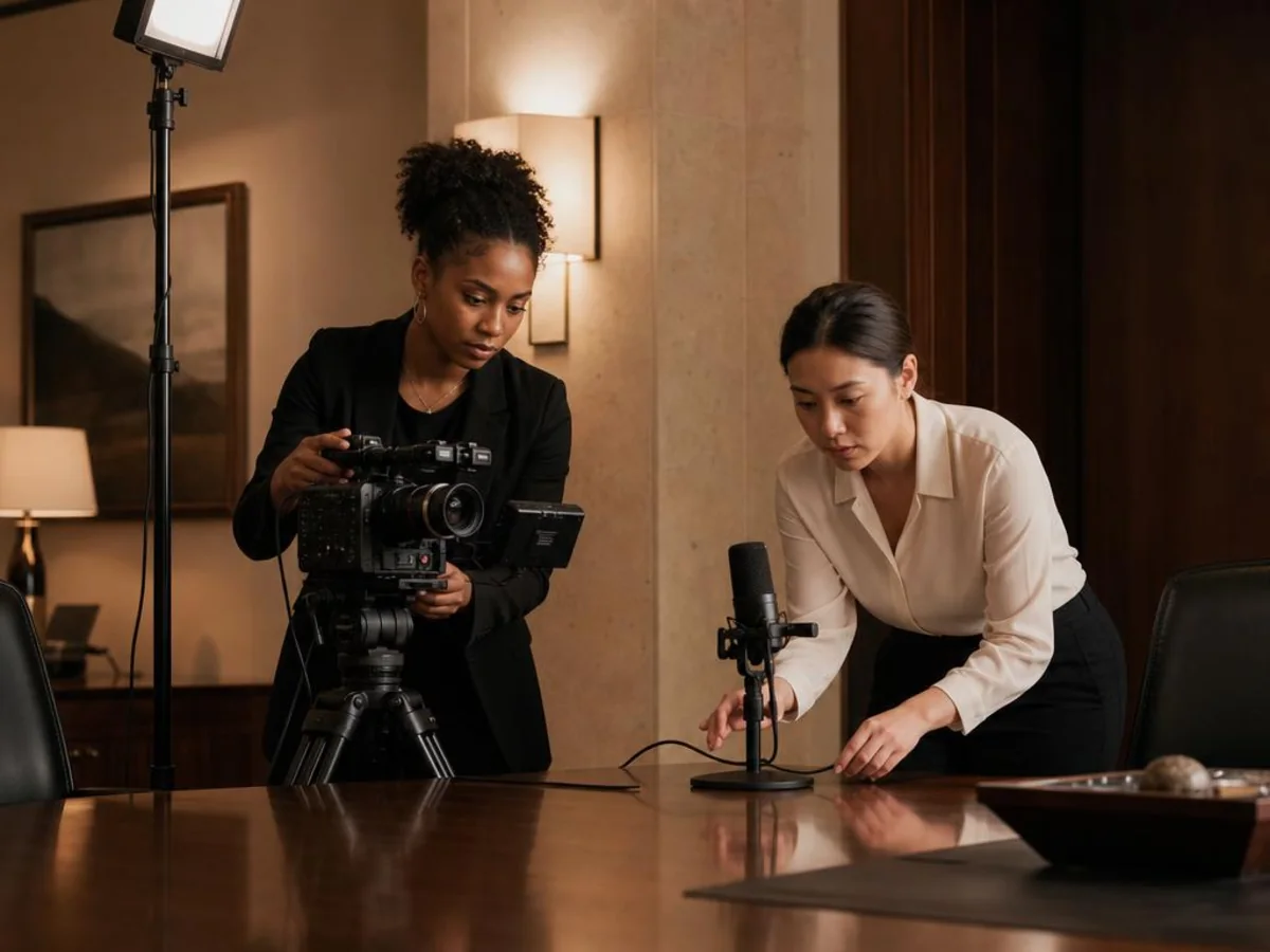 A legal video team aligns the conference-room camera, microphones, lighting, and remote platform in Los Angeles, California.