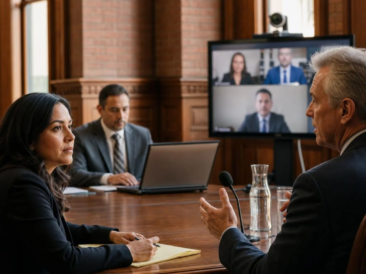 Counsel and a witness participate across an in-person deposition room and a live video conference in Sacramento, California.