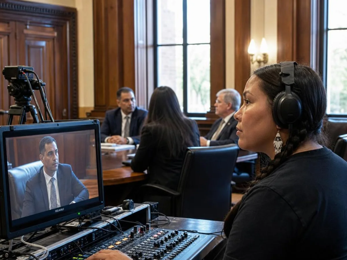 A technician monitors hybrid deposition participants, audio levels, and the legal video recording in Sacramento, California.