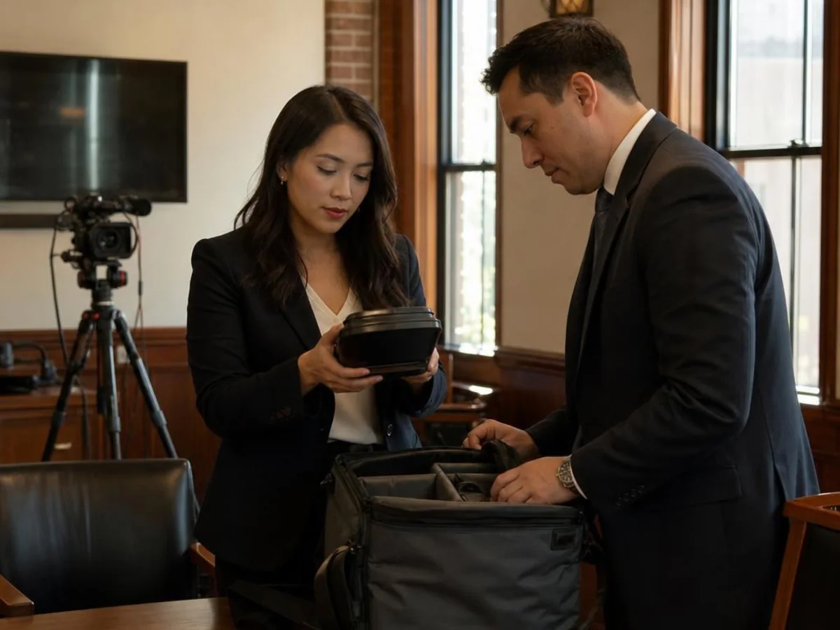 A legal media specialist reviews hybrid deposition recordings and transfer files after the proceeding in Sacramento, California.