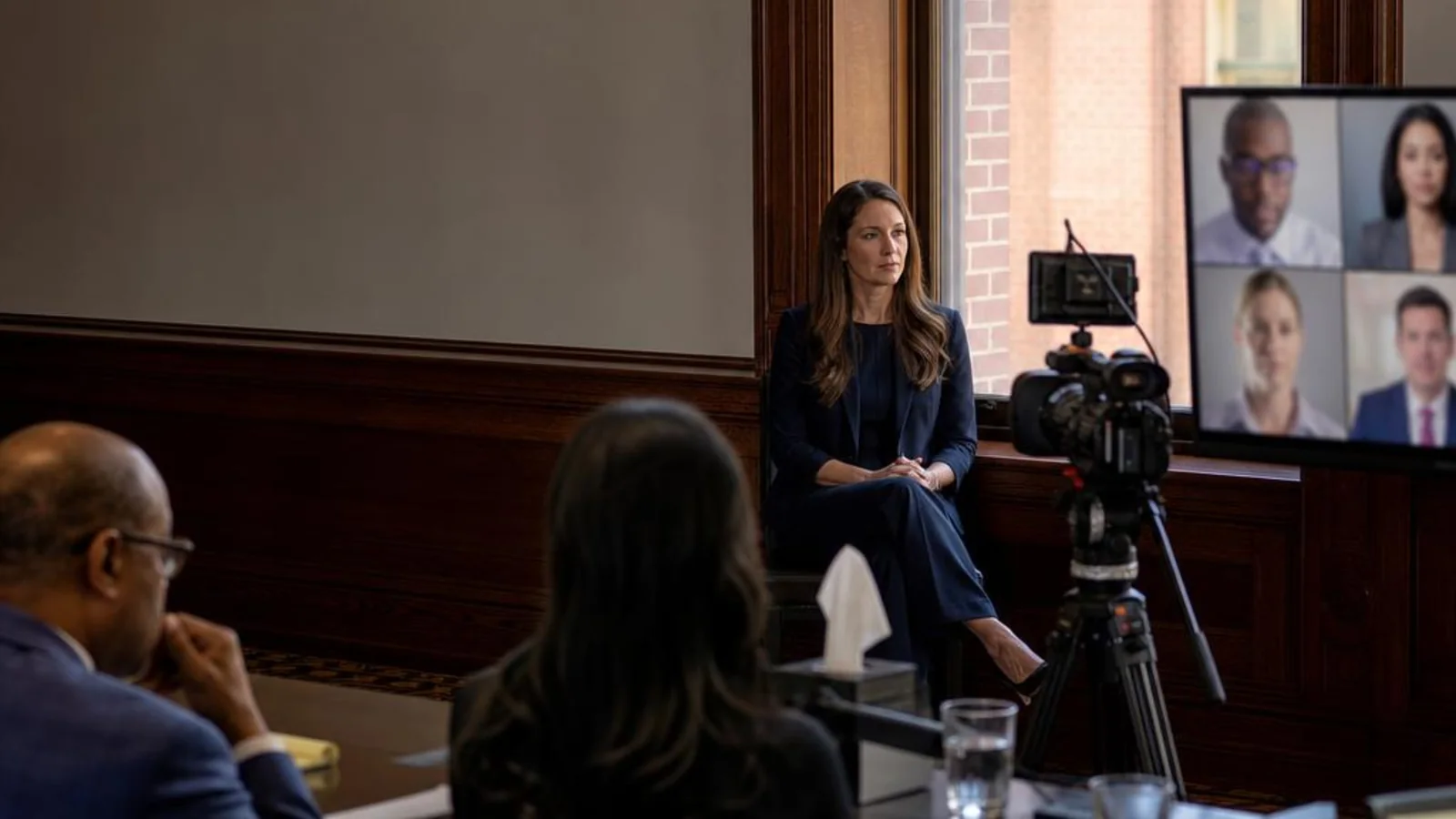 An in-room witness appears on camera while remote attorneys join a hybrid deposition by video in Sacramento, California.