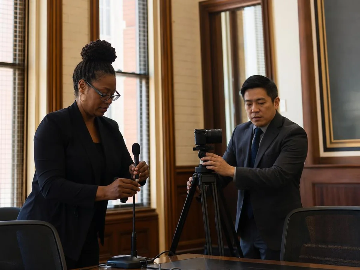 A legal video team aligns the conference-room camera, microphones, lighting, and remote platform in Sacramento, California.