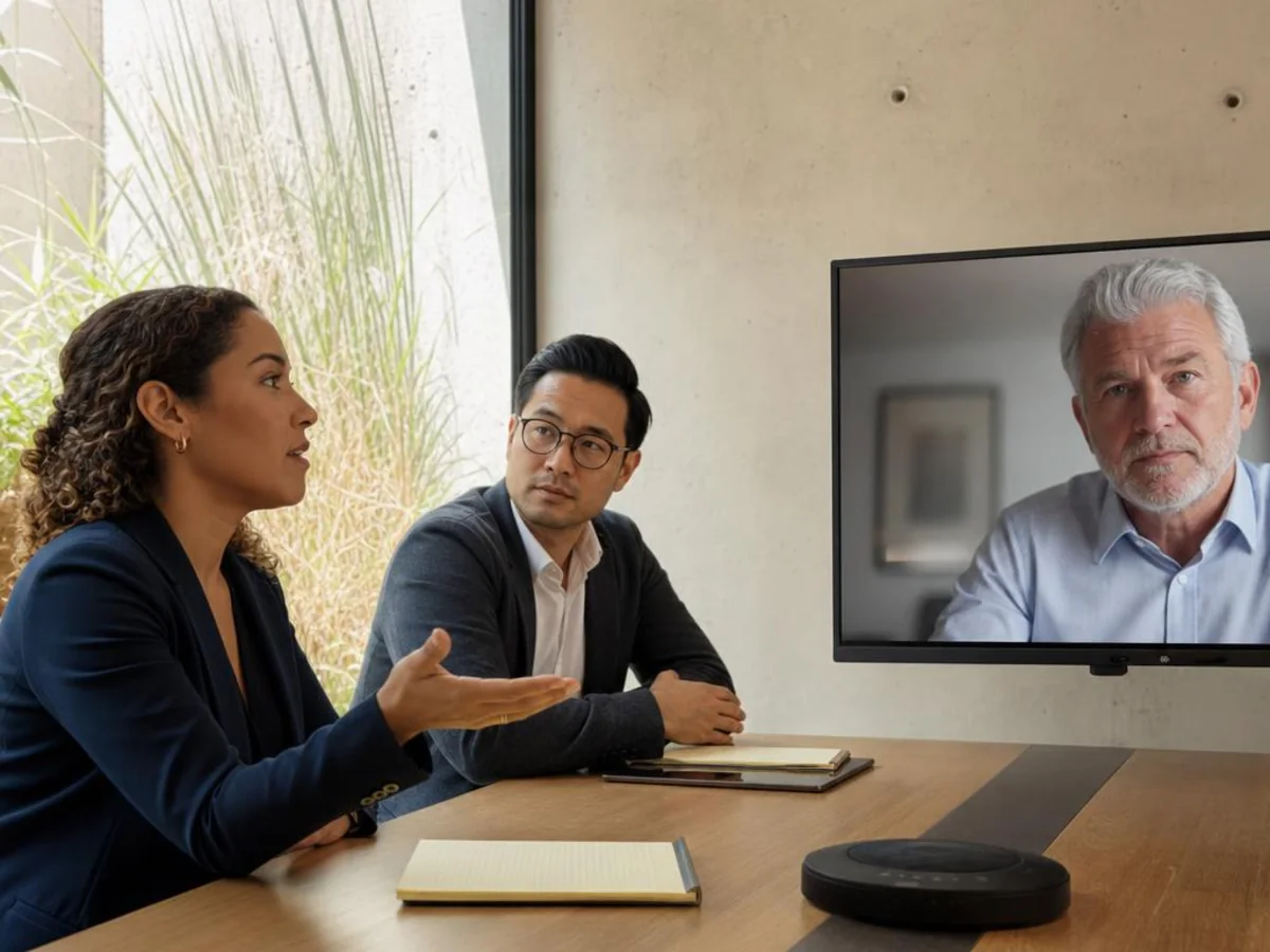 Counsel and a witness participate across an in-person deposition room and a live video conference in San Diego, California.