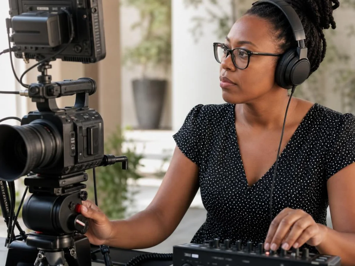 A technician monitors hybrid deposition participants, audio levels, and the legal video recording in San Diego, California.