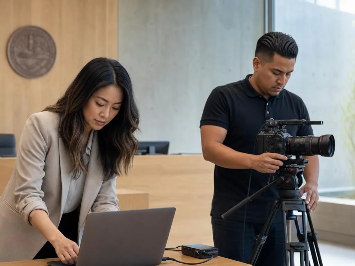A legal video team aligns the conference-room camera, microphones, lighting, and remote platform in San Diego, California.