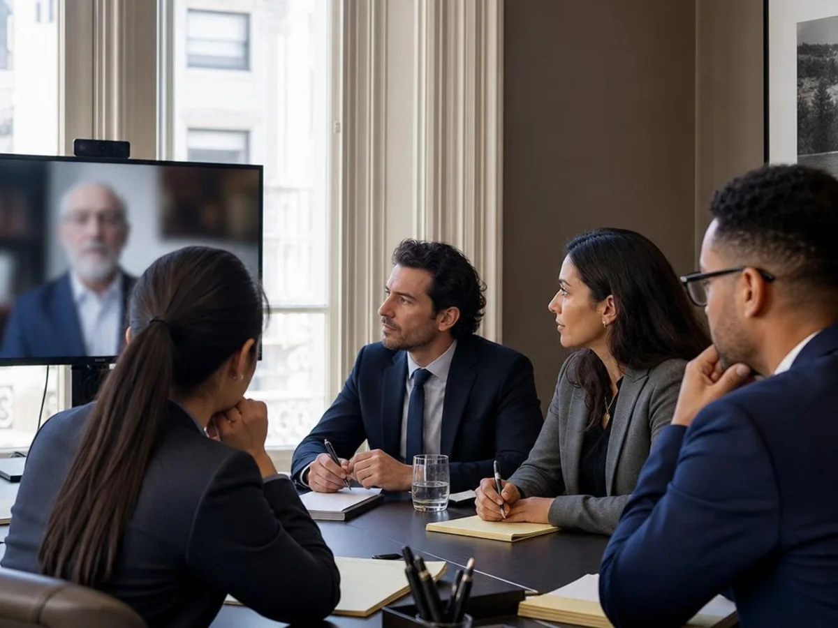 Counsel and a witness participate across an in-person deposition room and a live video conference in San Francisco, California.
