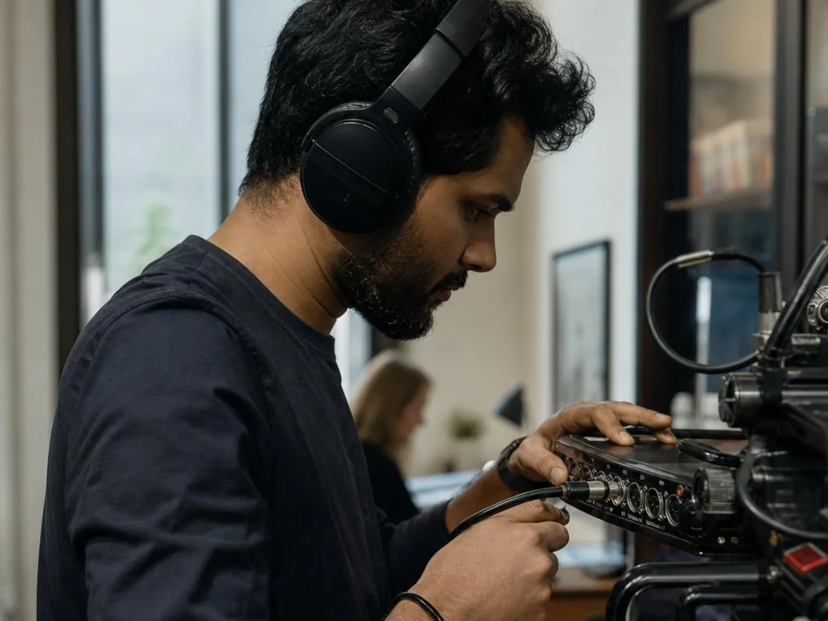 A technician monitors hybrid deposition participants, audio levels, and the legal video recording in San Francisco, California.