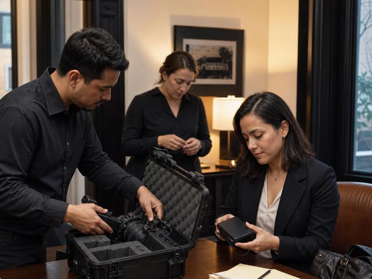 A legal media specialist reviews hybrid deposition recordings and transfer files after the proceeding in San Francisco, California.