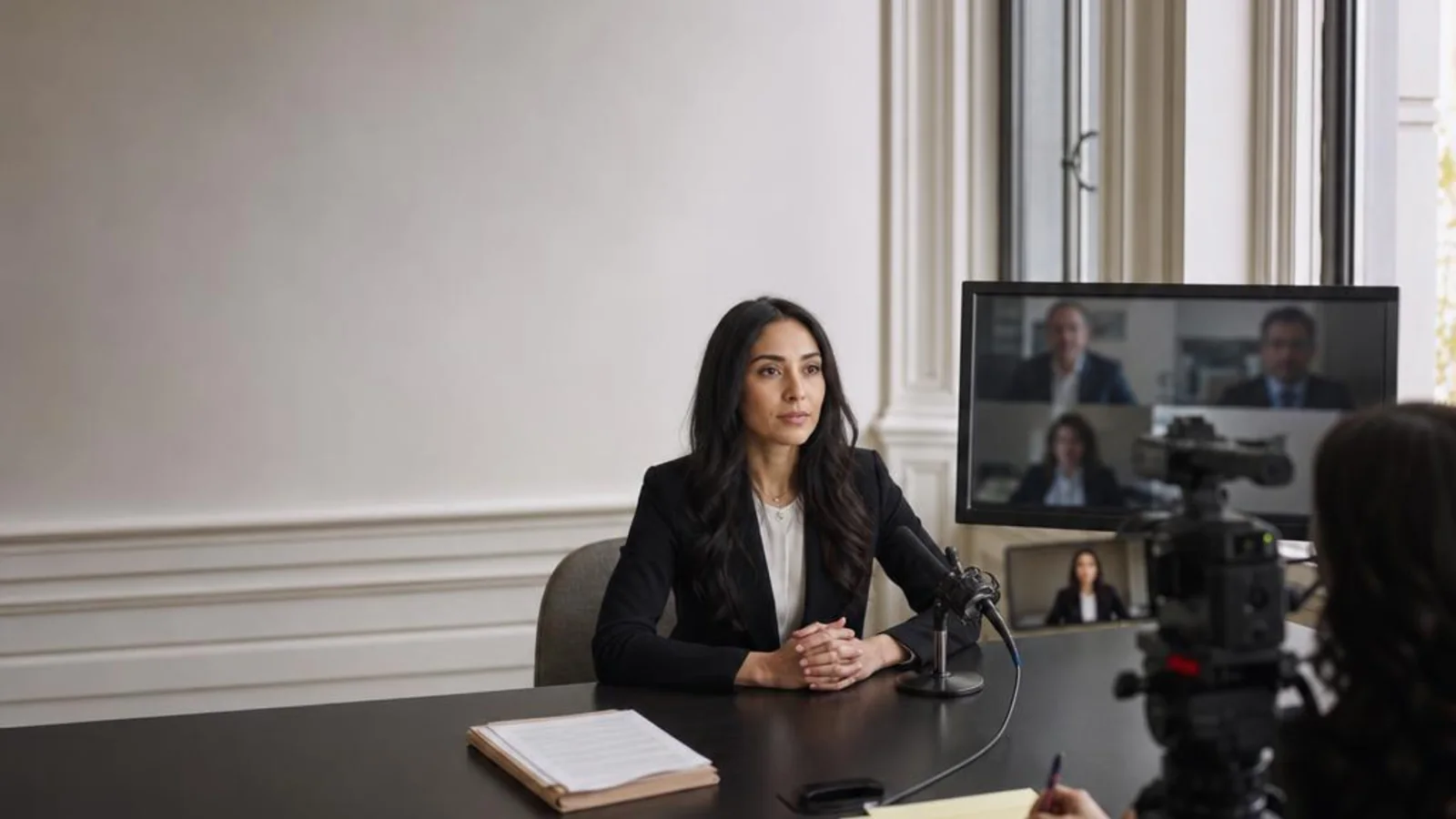 An in-room witness appears on camera while remote attorneys join a hybrid deposition by video in San Francisco, California.