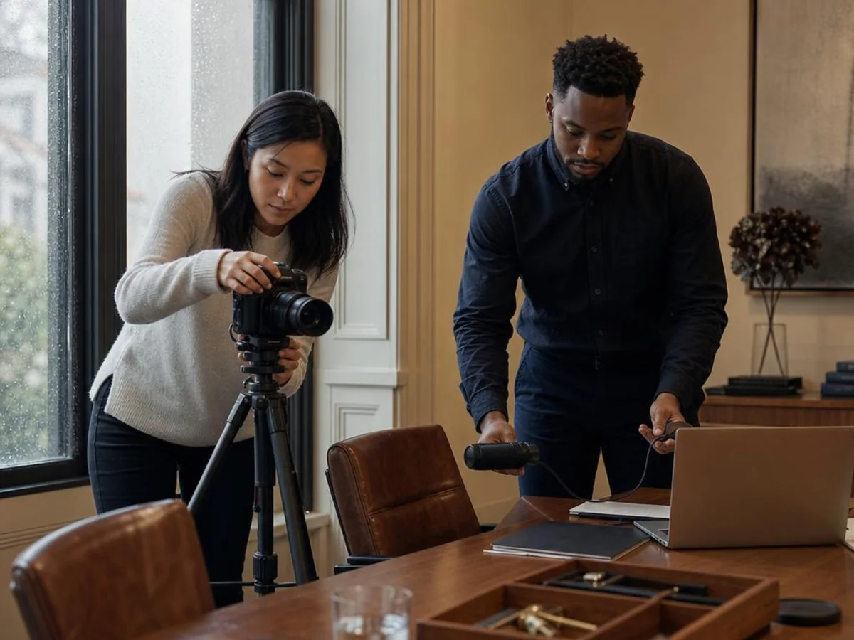 A legal video team aligns the conference-room camera, microphones, lighting, and remote platform in San Francisco, California.