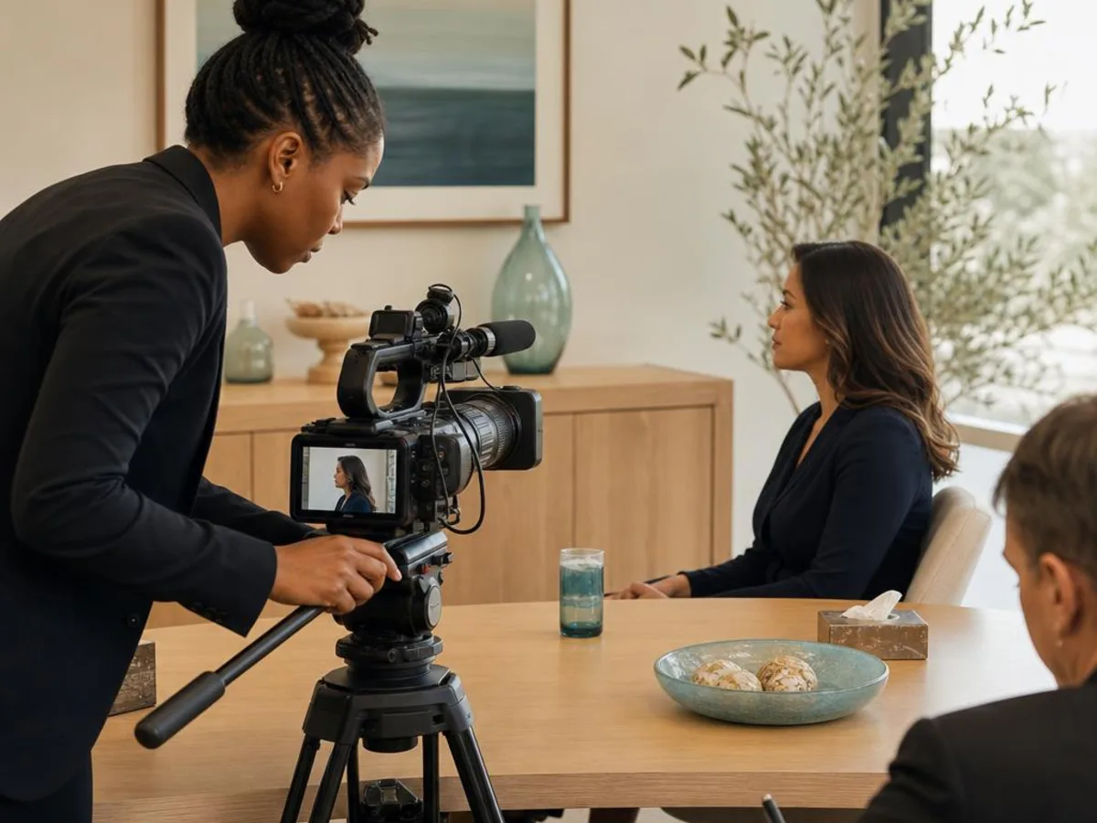 A legal videographer records a witness answering counsel’s questions during an in-person deposition in Ventura, California.