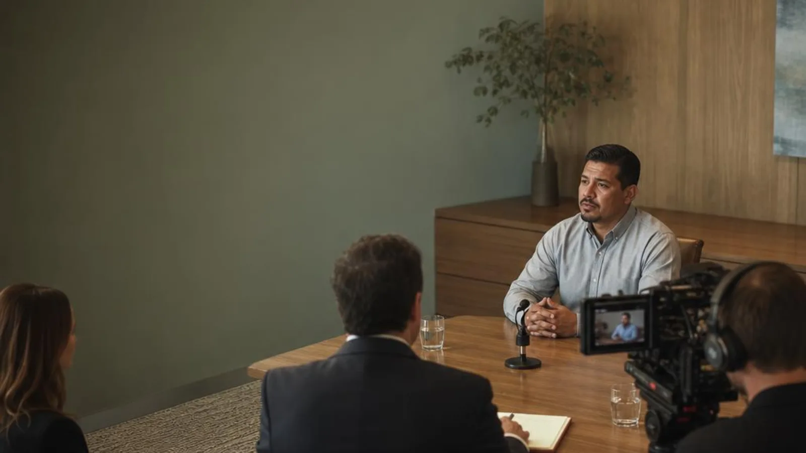 A witness gives in-person deposition testimony beside a professional legal video camera in Ventura, California.