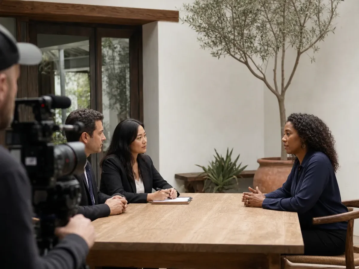 A professional camera records counsel and a witness during a legal proceeding in Ventura, California.