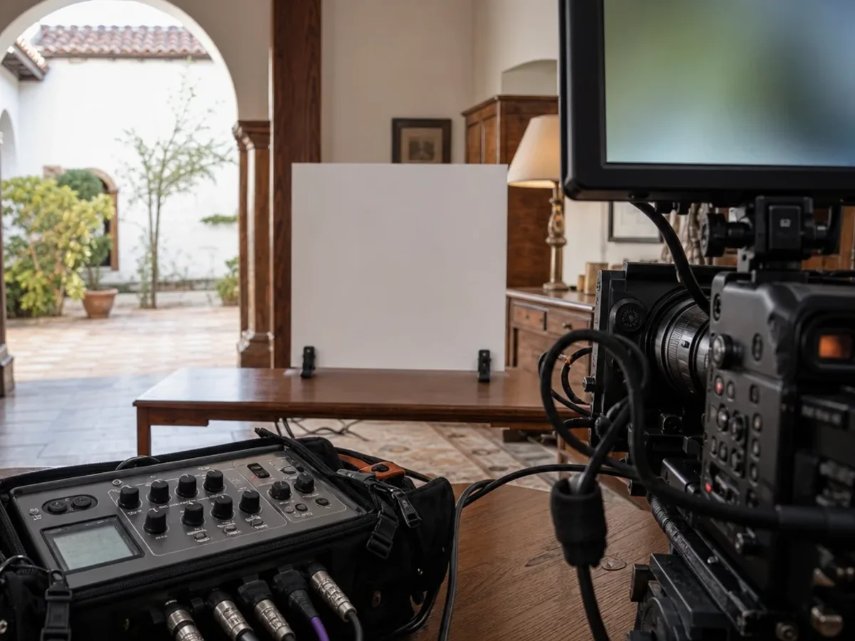 A legal video operator checks camera framing, audio meters, and recording continuity in Ventura, California.