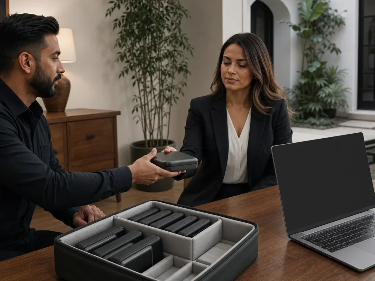 A legal media specialist reviews, labels, and prepares recorded proceeding files for counsel in Ventura, California.