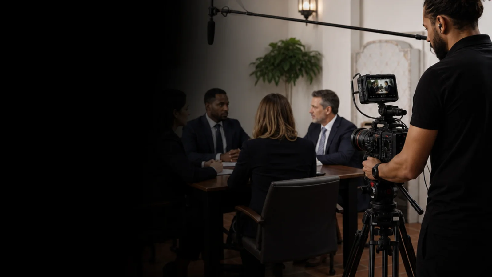 A professional legal videographer records witness testimony in a formal conference room in Ventura, California.