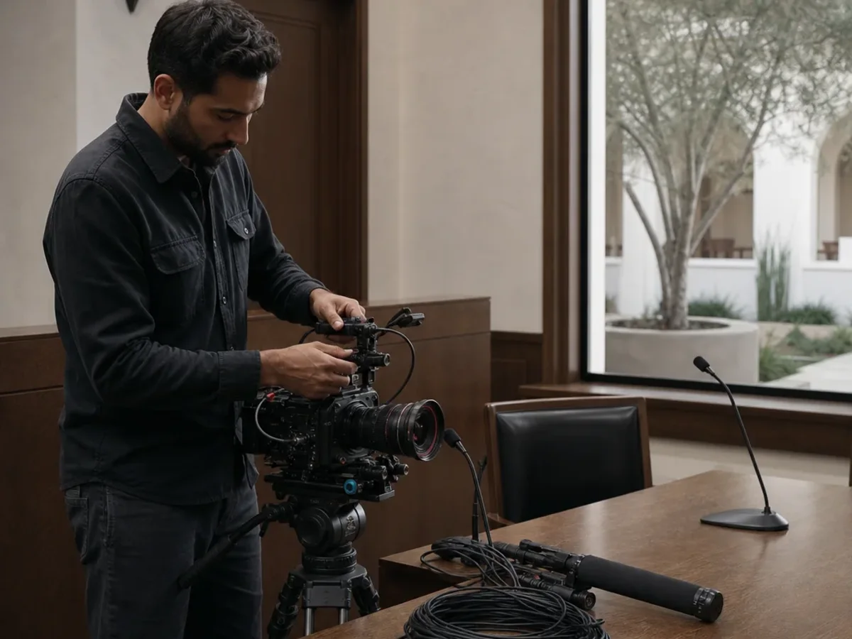 A legal videographer assembles a cinema camera, microphones, lighting, and recording accessories in Ventura, California.