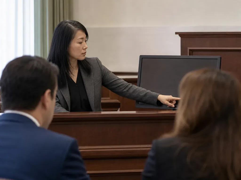 A courtroom technician manages evidence displays while attorneys conduct the proceeding in San Luis Obispo, California.
