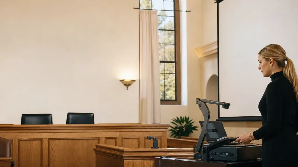 A trial technician operates a courtroom presentation workstation during a legal proceeding in San Luis Obispo, California.