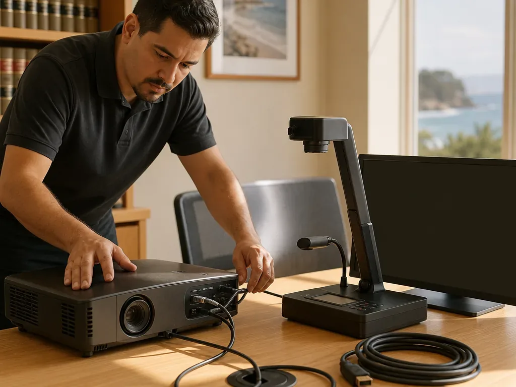 A trial technician arranges presentation equipment, cables, and exhibit media before court in San Luis Obispo, California.