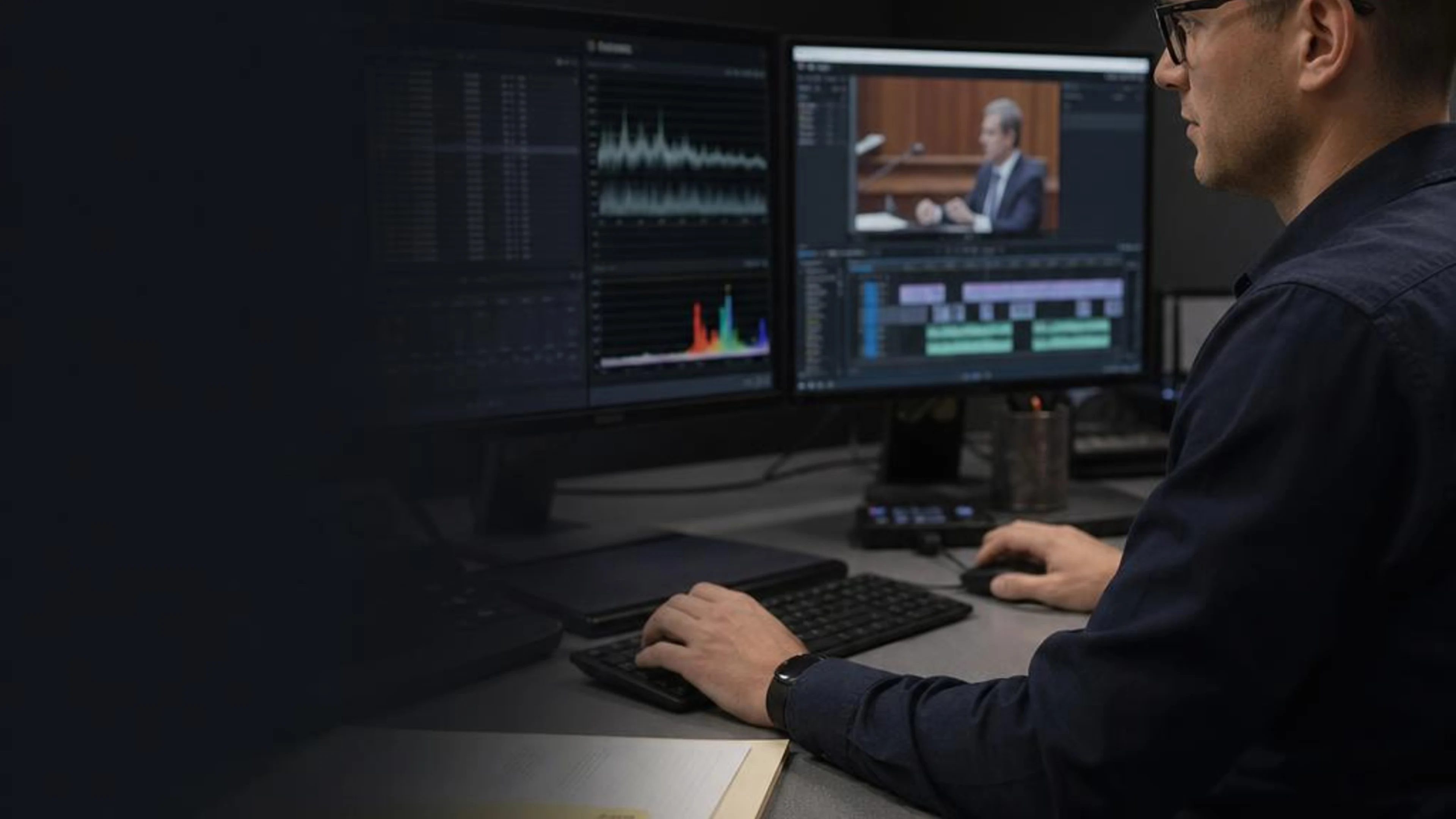 A legal media specialist matching hearing footage to a transcript in Sacramento
