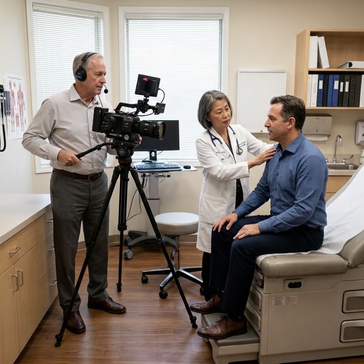 Physician examining a patient while a legal videographer documents the medical evaluation