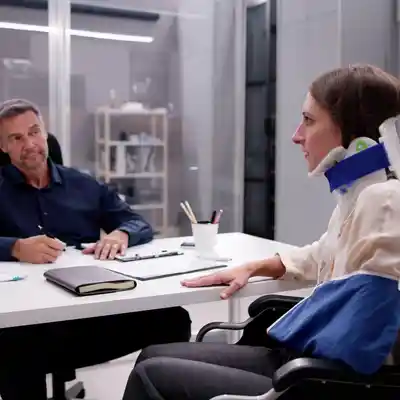 A person wearing a cervical support speaking with an interviewer at a table