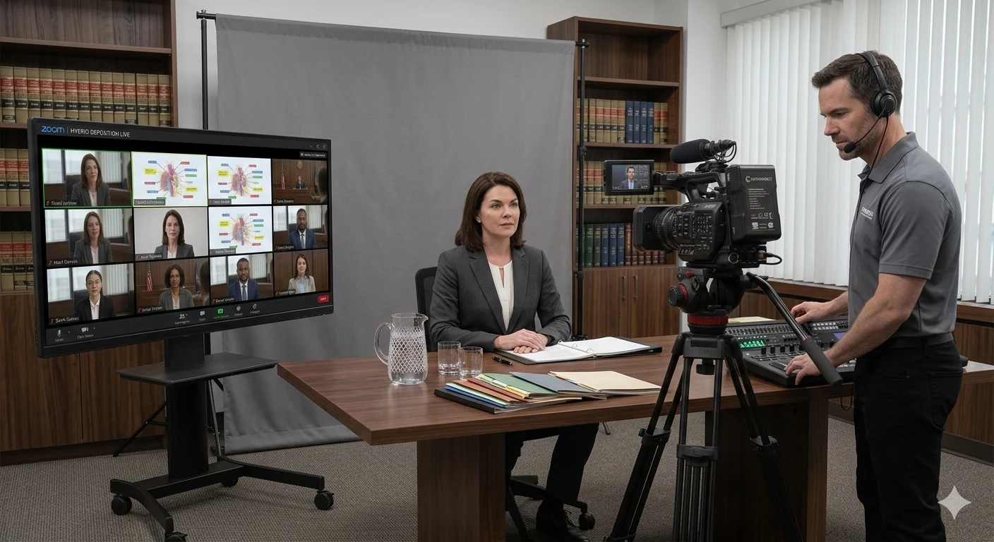 An on-site legal videographer coordinating a witness room with remote deposition participants